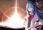 bad_id blue_hair bow explosion food frills fruit hat hinanawi_tenshi leaf light long_hair looking_at_viewer peach red_eyes short_sleeves smile solo tetsuro tetsurou_(fe+) touhou very_long_hair 
