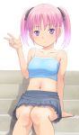 copyright_request meow_(nekodenki) midriff navel pink_hair purple_eyes short_hair solo twintails v violet_eyes 