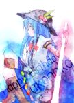  blue_hair blush bow cross-laced_footwear food frills fruit grey_eyes happy_birthday hat hinanawi_tenshi hotmilkice ice_(aitsugai) leaf long_hair open_mouth peach short_sleeves solo sword sword_of_hisou touhou very_long_hair weapon 