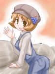  aki_minoriko brown_eyes brown_hair food fruit grapes hat kugelschreiber looking_at_viewer looking_back mouse open_mouth overalls short_hair smile solo touhou 