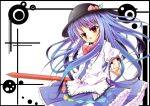 blue_hair blush bow food frills fruit gamuo hat hinanawi_tenshi leaf long_hair open_mouth peach short_sleeves solo sword sword_of_hisou touhou very_long_hair weapon yellow_eyes