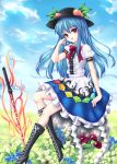  blue_hair bow cloud clouds cross-laced_footwear flower food fred0092 frills fruit grass hat hinanawi_tenshi keystone leaf long_hair open_mouth peach red_eyes rock short_sleeves sitting sky solo sword sword_of_hisou touhou very_long_hair weapon 