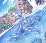  1girl blue_eyes blue_hair bubble colored_pencil_(medium) dress dutch_angle gloves hair_bobbles hair_ornament hat hoshina_(kinoko) kawashiro_nitori key open_mouth outdoors partially_submerged partially_underwater sky sleeves_rolled_up solo touhou traditional_media tree water waterfall 
