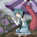  :p blue_eyes blue_hair cloudy_sky flower geta heterochromia highres hydrangea karakasa_obake leaf long_sleeves mountain no_socks rain red_eyes short_hair skirt snail solo squatting sugi222 tatara_kogasa tongue touhou umbrella vest 