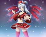  :d bell blush breasts christmas cleavage crop_top grey_eyes hair_bobbles hair_ornament hat holly inoshira long_hair midriff multiple_wings navel open_mouth santa_hat shinki side_ponytail silver_hair skirt smile solo thigh-highs thighhighs touhou wings zettai_ryouiki 