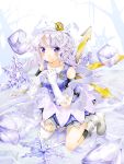  bare_shoulders blush boots gloves hat highres ice lace lace-trimmed_thighhighs lavender_hair letty_whiterock purple_eyes shinki_(artist) short_hair single_thighhigh smile snowflakes solo thighhighs touhou violet_eyes white_gloves 