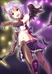  bdsm black_legwear bondage brown_eyes chain chains collar cuffs elbow_gloves gloves grey_hair hair_ornament hairclip highres idolmaster idolmaster_cinderella_girls koshimizu_sachiko lyrical_denko microphone midriff navel open_mouth purple_hair short_hair skirt slave thigh-highs thighhighs wings 