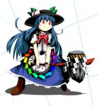  blue_hair blush_stickers bow cross-laced_footwear food frills fruit hat highres hinanawi_tenshi keystone leaf long_hair long_skirt nesedeo peach red_eyes rock rope short_sleeves skirt solo stance sword sword_of_hisou touhou very_long_hair weapon 