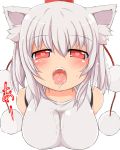  animal_ears bare_shoulders blush breasts bust drooling face goyouga-deann hat heart heart-shaped_pupils inubashiri_momiji large_breasts open_mouth red_eyes saliva short_hair silver_hair simple_background solo symbol-shaped_pupils tokin_hat tongue torogao touhou white_background wolf_ears 