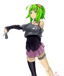  1girl ahoge arantheus arm_behind_back bare_shoulders black_legwear choker goggles goggles_on_head green_eyes green_hair gumi highres ia_(cosplay) miniskirt pleated_skirt short_hair single_thighhigh skirt smile solo thigh-highs thigh_strap thighhighs vocaloid 