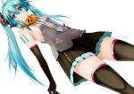  akatsuki_ikki aqua_eyes aqua_hair elbow_gloves gloves hatsune_miku long_hair necktie no_bra simple_background skirt solo thighhighs twintails very_long_hair vocaloid white_background 