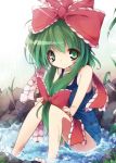  alternate_costume bare_legs blush bow contemporary frills front_ponytail grass green_eyes green_hair hair_bow hair_ornament hair_ribbon in_water itsutsuki kagiyama_hina leaf long_hair looking_at_viewer partially_submerged ribbon rock school_swimsuit sleeveless smile solo swimsuit touhou water 