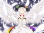  alternate_hair_color angel_wings bow closed_eyes eyes_closed feathers food frills fruit hands_clasped hat hinanawi_tenshi leaf light_smile long_hair mixarumixa peach short_sleeves simple_background smile solo touhou very_long_hair white_hair wings 