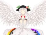  alternate_hair_color angel_wings bow closed_eyes eyes_closed food frills fruit hands_clasped hat hinanawi_tenshi leaf light_smile long_hair mixarumixa peach short_sleeves simple_background smile solo touhou very_long_hair white_hair wings 