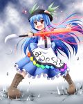  blue_hair blush bow cross-laced_footwear food frills fruit hat hinanawi_tenshi hino hino_hino leaf long_hair long_skirt open_mouth peach red_eyes short_sleeves skirt solo sword sword_of_hisou touhou very_long_hair weapon 