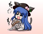 animal_ears cat_ears cat_tail food fruit hat hinanawi_tenshi keystone leaf long_hair lowres mabuchoco_m open_mouth peach rock rope simple_background solo tail tears touhou very_long_hair 