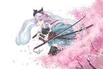  armor cherry_blossoms dual_wielding flower gauntlets ghost hair_ornament hairband hitodama katana konpaku_youmu konpaku_youmu_(ghost) mumulatte petals pink_eyes scabbard sheath short_hair silver_hair solo sword touhou unsheathed weapon 