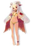  :d armband barefoot bikini choker demon_girl fang hand_on_hip handheld hips horns long_hair looking_at_viewer navel open_mouth original red_eyes shirabi_(life-is-free) simple_background smile solo striped striped_bikini striped_swimsuit succubus swimsuit white_background white_hair wings 