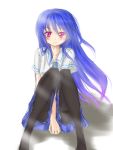  black_legwear blue_hair blush collarbone contemporary hinanawi_tenshi long_hair mixarumixa pantyhose purple_eyes school_uniform simple_background smile solo touhou very_long_hair violet_eyes 