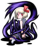  arms_behind_back blonde_hair blush kugelschreiber looking_at_viewer looking_back red_eyes rumia short_hair simple_background sitting smile solo touhou white_background 