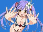  :d bikini blue_background blush breasts brown_eyes cleavage fingernails flower hair_flower hair_ornament highres large_breasts long_fingernails long_hair mahan maou_no_kuse_ni_namaiki_da! navel open_mouth original outstretched_arms purple_hair shiny shiny_skin simple_background smile solo swimsuit thigh_gap twintails 