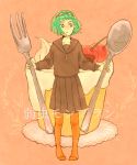  cherry food fork fruit glasses glasses_on_head green_eyes green_hair gumi mo14 orange_legwear pantyhose pleated_skirt sailor sailor_collar short_hair skirt solo spoon text vocaloid yowamushi_mont-blanc_(vocaloid) 