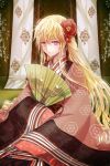  alternate_costume blonde_hair cinia_pacifica expressionless fan flower hair_flower hair_ornament hands_in_sleeves holding japanese_clothes kimono long_hair lowres pink_eyes reum sitting sleeves_past_wrists sword_girls very_long_hair 