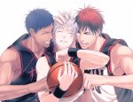  aomine_daiki basketball basketball_uniform blue_hair dark_skin kagami_taiga kuroko_no_basuke kuroko_tetsuya male multiple_boys red_hair redhead short_hair smile sportswear sweat vollmond_blume 