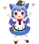 animal_ears bebelona blue_hair bow cat_ears chibi food fruit hat heart hinanawi_tenshi kemonomimi_mode leaf long_hair looking_at_viewer open_mouth peach red_eyes short_sleeves simple_background solo touhou very_long_hair