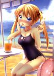  absurdres bare_shoulders beach blue_eyes blush breasts cleavage drink finger_licking hair_bobbles hair_ornament highres innertube kagurazaka_asuna licking lounge_chair mahou_sensei_negima! nullken one-piece_swimsuit orange_hair original popsicle scan school_swimsuit sitting solo straw swimsuit twintails 
