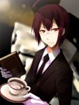  book brown_hair cup glasses gloves holding koumei_(artist) looking_at_viewer male necktie original plate red_eyes solo teacup white_gloves 