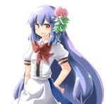  blue_hair bow food frills fruit hinanawi_tenshi hinghoi leaf long_hair open_mouth peach red_eyes short_sleeves simple_background smile solo touhou very_long_hair 