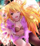 belly_chain blonde_hair cool_&amp;_sexy_(idolmaster) headset hoshii_miki idolmaster kotorii leaning_forward long_hair open_mouth outstretched_hand pantyhose pink_diamond_765 solo wink yellow_eyes 