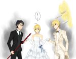  1girl 2boys ahoge bare_shoulders blonde_hair bowtie dress elbow_gloves expressionless fate/zero fate_(series) formal gae_dearg gate_of_babylon gilgamesh gloves green_eyes jewelry lancer_(fate/zero) lazytime7 mole multiple_boys necklace polearm red_eyes saber spear strapless_dress suit sword tuxedo weapon 