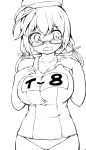  1girl blush danbo_(rock_clime) glasses greyscale hat i-8_(kantai_collection) kantai_collection monochrome open_mouth swimsuit twintails 