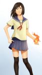  black_hair brown_eyes copyright_request fire hand_on_hip hentai_oyaji highres hips looking_at_viewer looking_down magic school_uniform serafuku skirt solo standing thigh-highs thighhighs 