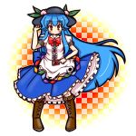  blue_hair blush bow card cross-laced_footwear eruru_(erl) eruru_(pixiv356391) food frills fruit hat hinanawi_tenshi leaf long_hair long_skirt looking_at_viewer peach red_eyes short_sleeves skirt smile solo touhou very_long_hair yin_yang 