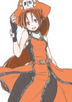  1girl black_legwear brown_eyes brown_hair fingerless_gloves gloves guilty_gear hat long_hair may_(guilty_gear) pantyhose pirate pirate_hat ponytail skirt skull_and_crossbones sleeveless small_breasts smile solo very_long_hair zanku 