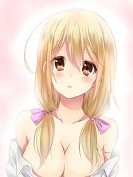  bare_shoulders blonde_hair blush breasts brown_eyes bust cleavage highres long_hair maruki_(punchiki) original punchiki shirt solo white_shirt 