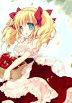  apple basket blonde_hair blue_eyes breasts cleavage collarbone dress emily_(pure_dream) food fruit hair_ribbon large_breasts looking_at_viewer open_mouth original petals twintails 