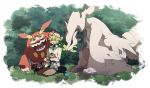  1boy darmanitan darumaka eating green_hair laughing long_hair male n_(pokemon) pokemon pokemon_(creature) pokemon_(game) pokemon_bw pokemon_bw2 reshiram shigetake_(buroira) sitting tympole zorua 