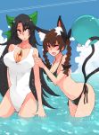  :o alternate_hair_color animal_ears ball bikini black_hair blush bow braid breasts brown_hair cat_ears cat_tail closed_eyes cloud clouds collarbone contemporary extra_ears eyes_closed hair_bow jont kaenbyou_rin long_hair multiple_girls multiple_tails navel ocean one-piece_swimsuit open_mouth prehensile_tail red_eyes reiuji_utsuho side-tie_bikini sky swimsuit tail third_eye touhou twin_braids very_long_hair wading water white_swimsuit 