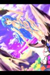  bare_shoulders blue_hair censor_hair cloud clouds collarbone cross-laced_footwear flat_chest food fruit hat hinanawi_tenshi leaf long_hair mountain ninel_(idkaruna) nude open_mouth peach red_eyes sky solo touhou undressing very_long_hair 
