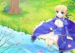  ahoge aqua_eyes blonde_hair cover cover_page doujin_cover dress fate/stay_night fate_(series) field hair_ribbon highres petals ribbon river saber soaking_feet solo tree trianon 