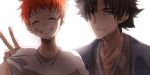  ^_^ akerohoshi bandage bandages black_hair closed_eyes emiya_kiritsugu emiya_shirou eyes_closed facial_hair fate/zero fate_(series) father_and_son japanese_clothes male multiple_boys red_hair redhead stubble v 