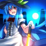  blue_hair bow full_moon hat hinanawi_tenshi kimagure_ringo leaf light long_hair moon open_mouth red_eyes short_sleeves solo sword sword_of_hisou touhou very_long_hair weapon 