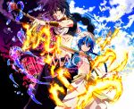  aladdin_(magi) baggy_pants black_hair blue_eyes blue_hair braid fire grin highres jewelry judal long_hair magi_the_labyrinth_of_magic male midriff multiple_boys neck_ring single_braid smile turban washi_(micino) yellow_eyes 