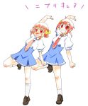  drill_hair grin hair_ornament hairclip hino_akane hoshizora_miyuki multiple_girls open_mouth pink_eyes pink_hair ponytail pose precure red_eyes red_hair redhead school_uniform simple_background smile smile_precure! translated twin_drills white_background yuuseihonnpo 