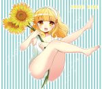  barefoot blonde_hair character_name flower hairband kise_yayoi mozuya_murasaki one-piece_swimsuit open_mouth precure school_swimsuit short_hair smile smile_precure! solo striped striped_background sunflower swimsuit white_school_swimsuit yellow_eyes 