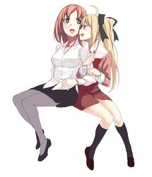  ahoge arm_hug black_legwear black_ribbon blonde_hair blue_eyes blush brown_hair green_eyes hair_ribbon highres houraisen_runa kirisato_itsuki knee_socks multiple_girls pantyhose ribbon school_uniform serafuku shoes simple_background sono_hanabira_ni_kuchizuke_wo suminoe_takako twintails yuri 